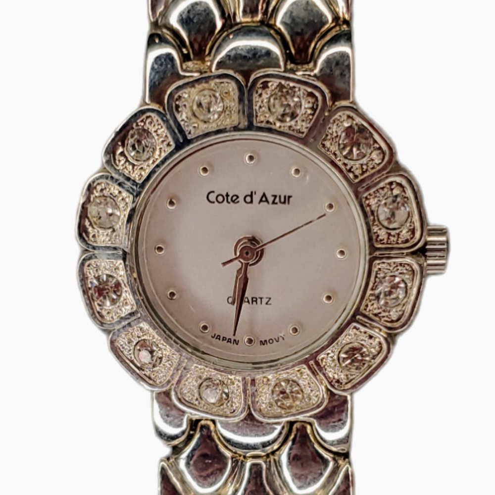 Vintage Cote d’ Azur Women’s Watch | Round Dial | Flower Crystal Bezel | Silver